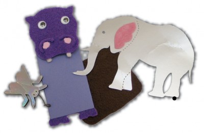 Completed craft items, elephant, Tallula bookmark, fly and mud pond